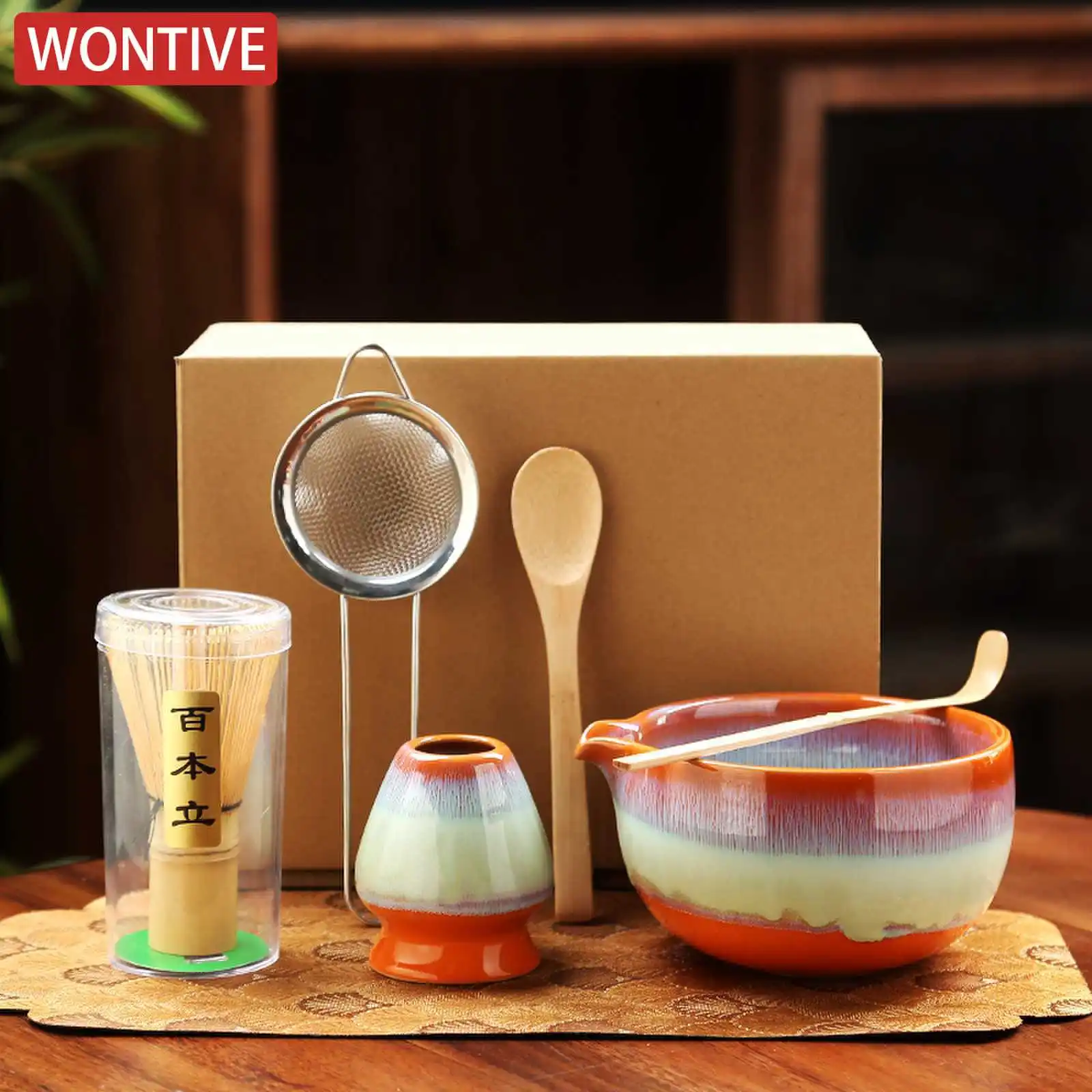 

6PCS Matcha Tea Set Ceramic Matcha Bowl Bamboo Whisk Scoop Teaspoon Sifter Vintage Song Dynasty Tea Ceremony Kit