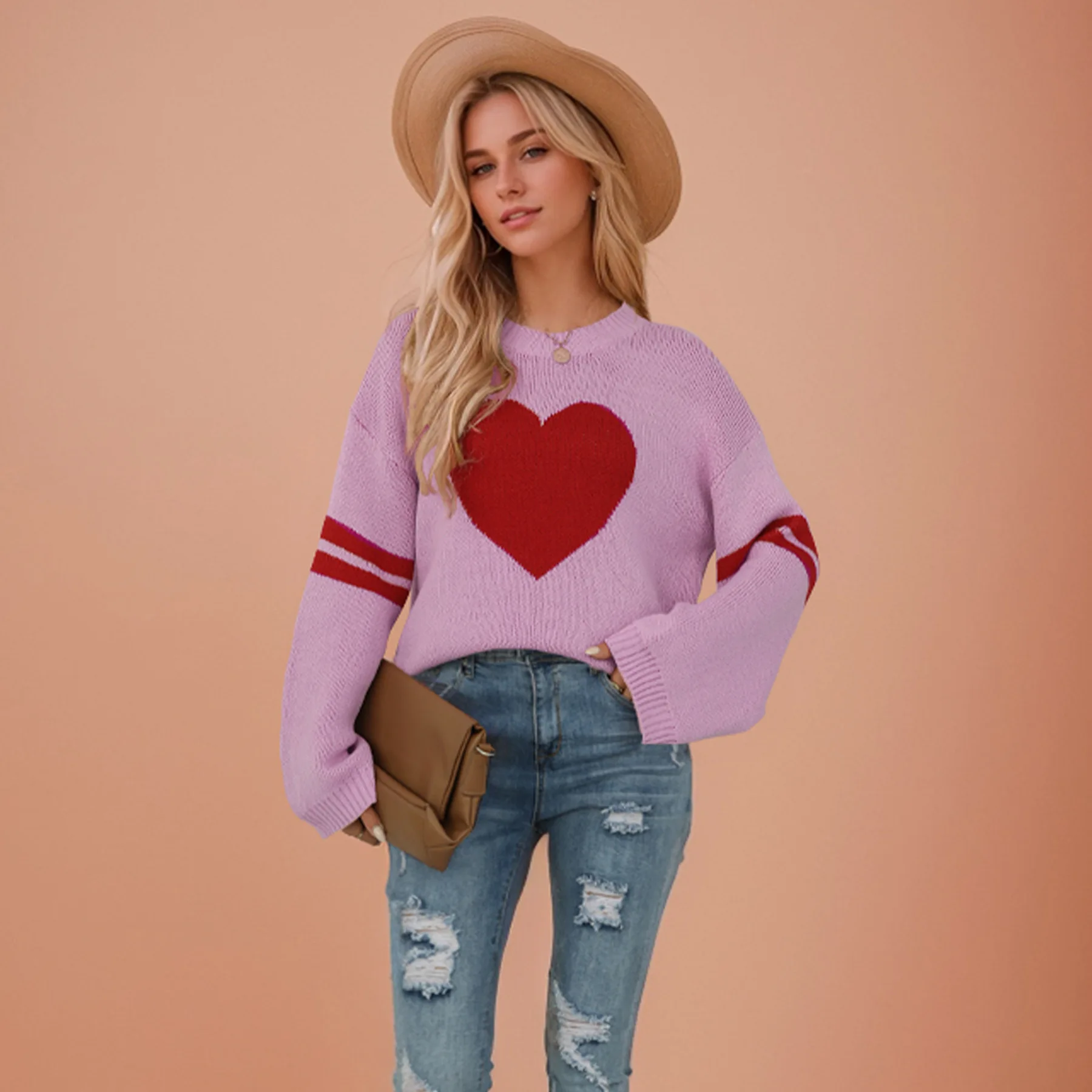 2024 New Autumn and Winter Clothes Women Sweater Contrasting Color Love Peach Crew Neck Casual Knitted Pullover Sweater