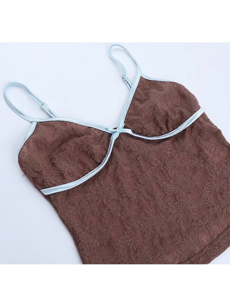 2026 المرأة الصيف السباغيتي حزام الأعلى عارية الذراعين الرسن الخامس الرقبة الأساسية البني كامي أكمام تانك القمم المرأة الصيف بروتيل #5