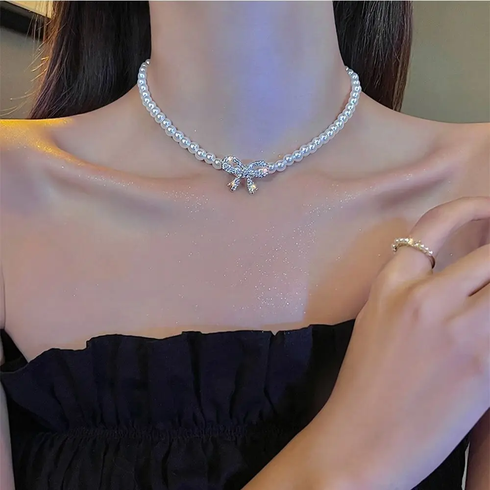 Sweet Rhinestone Bowknot Pearl Necklace Korean Style Neckchain Balletcore Choker Jewelry Accessories Wedding