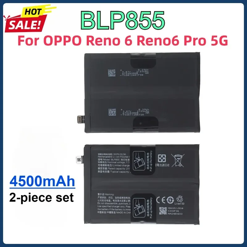 

2 шт., 4500 мАч, BLP855, аккумулятор для OPPO Reno 6 Reno6 Pro 5G, аккумуляторы для мобильных телефонов, аккумулятор большой емкости