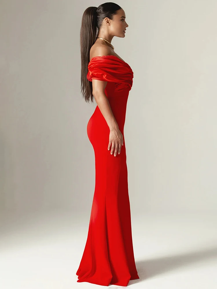 Czerwona satynowa długa sukienka z falbankami wysoki rozcięcie Bodycon bal kochanie Off The Shoulder plisowana suknia wieczorowa Vestidos
