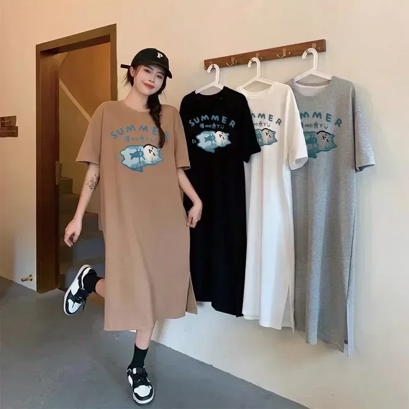 

Летнее женское платье с короткими рукавами и принтом рыбы, модная свободная одежда большого размера для всей семьи, одежда для беременных