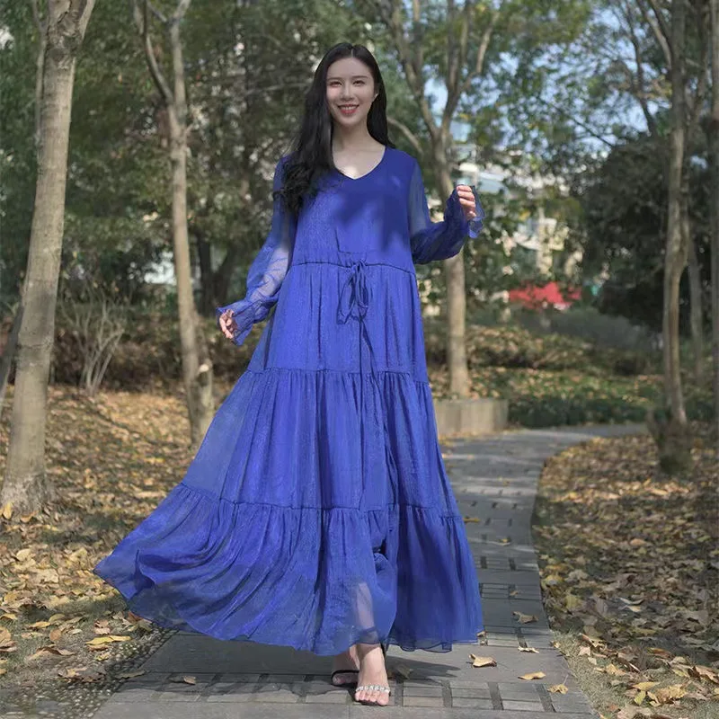 2026 Spring/Summer Elegant Women Chiffon Long Dress Long Sleeve Seaside Vacation Beach Dress Solid Color Elegant Ladies Vestidos