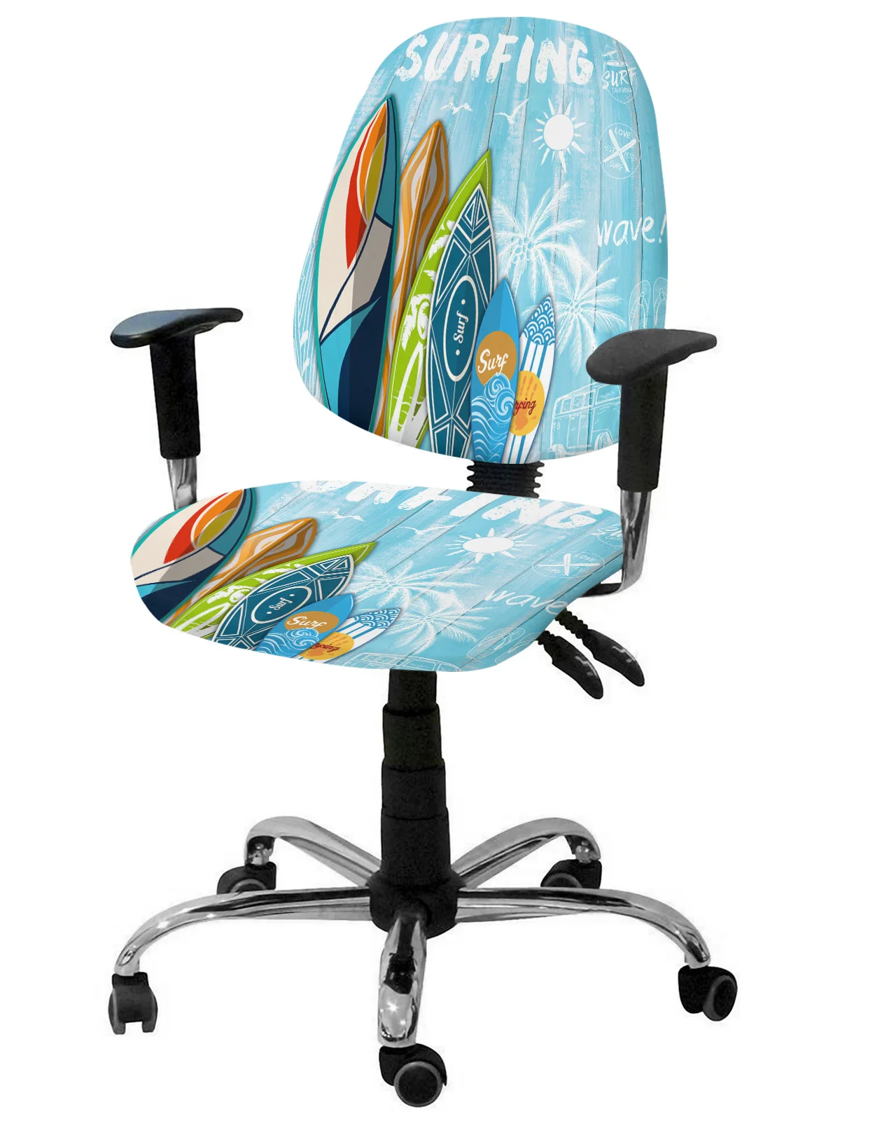 Surfing Summer Style Palm Tree Wood Board Elastic Armchair Chair Cover Removable Office Chair Slipcover Split Seat Covers