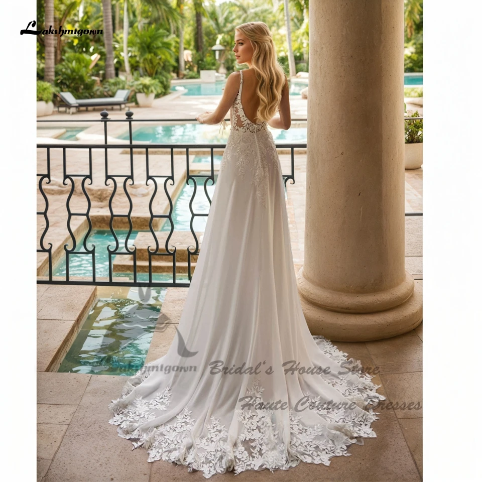 Lakshmigown Vintage Spitzen-Boho-Hochzeitskleider 2026 Sukienki Puffy Chiffon Strand-Brautkleider mit Spitzen-Spaghettiträgern nach Maß – Detail 2