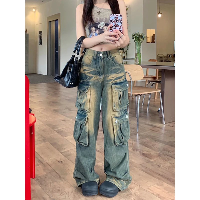 2024 New Multi-Pocket Washed Cargo Jeans Women'S American High Street Y2k Retro Harajuku Loose High Waist Wide Leg Leisure Pants