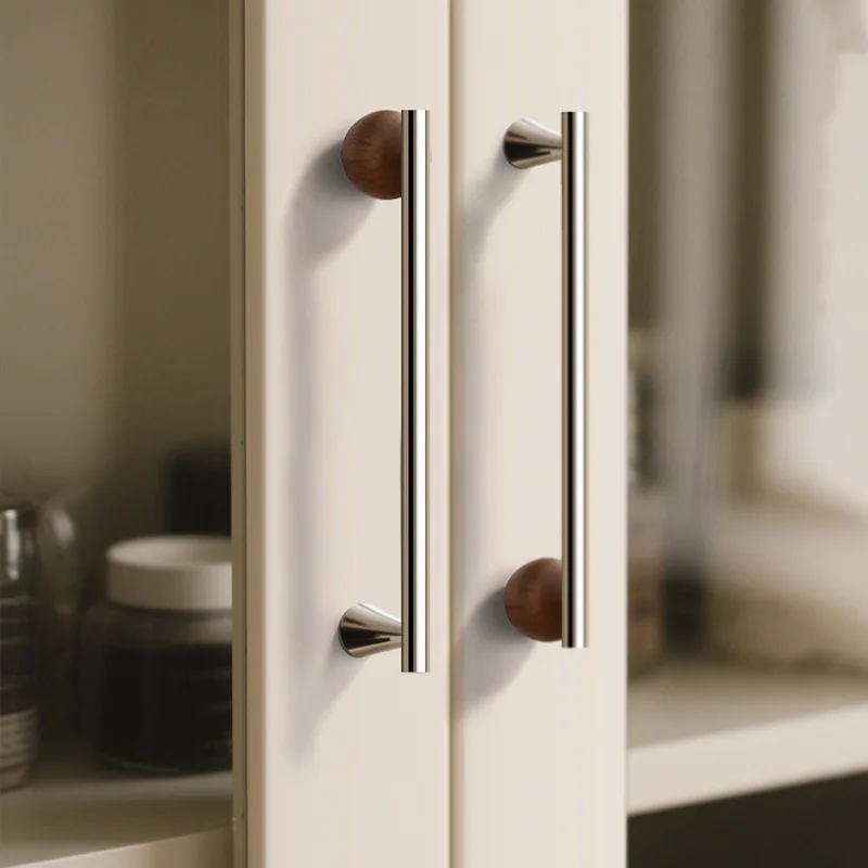 Shiny Silver Brass Cabinet Handles Chrome Wardrobe Pulls with Walnut Wood Ball Drawer Bar Modern Furniture Door Knobs