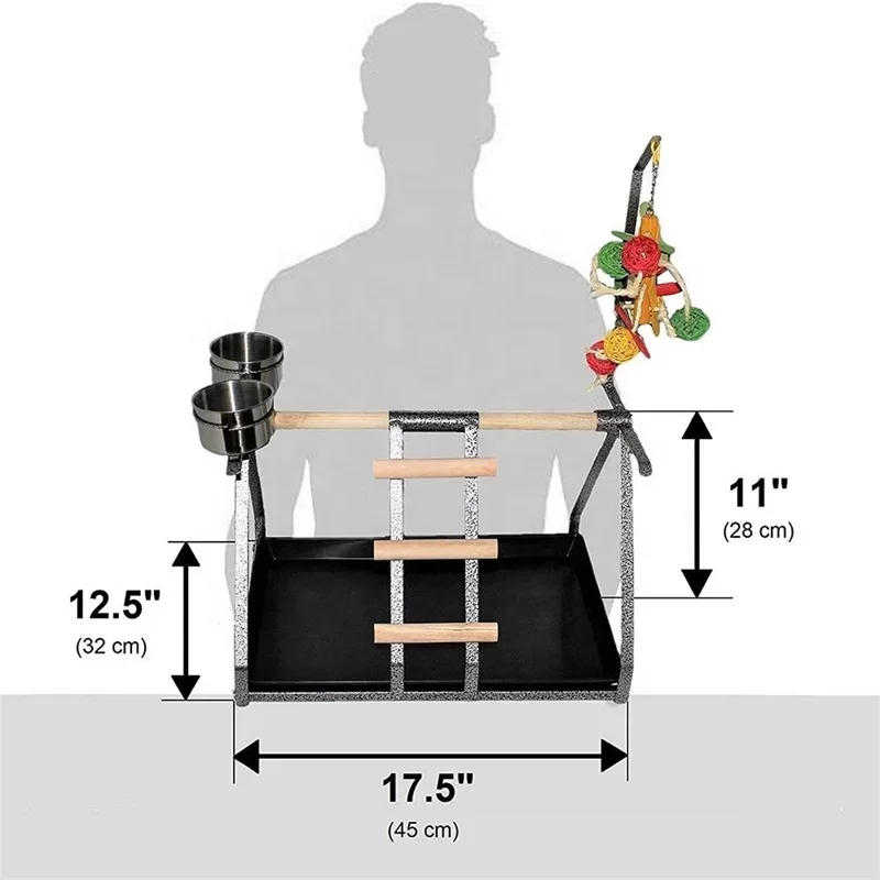 Metal Parrot Stand Bird Perches for Feeding Training Bird Stand with Wooden Perch and 2 Steel Cups