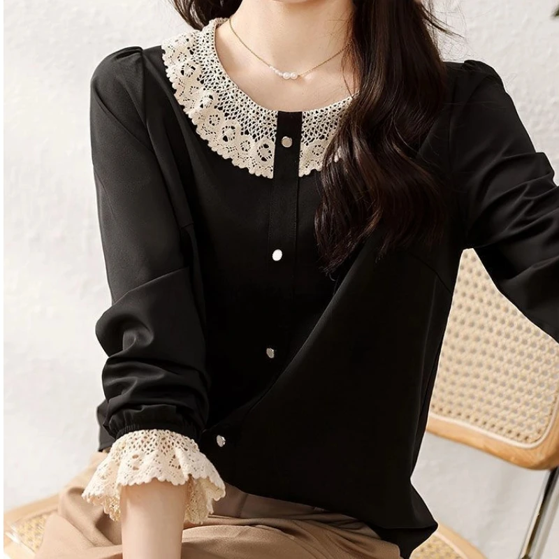 ملابس النساء التباين المرقعة بلوزة أنيقة ربيع الخريف طويلة الأكمام الدانتيل المرقعة فضفاض مكتب قميص بلايز خمر الموضة