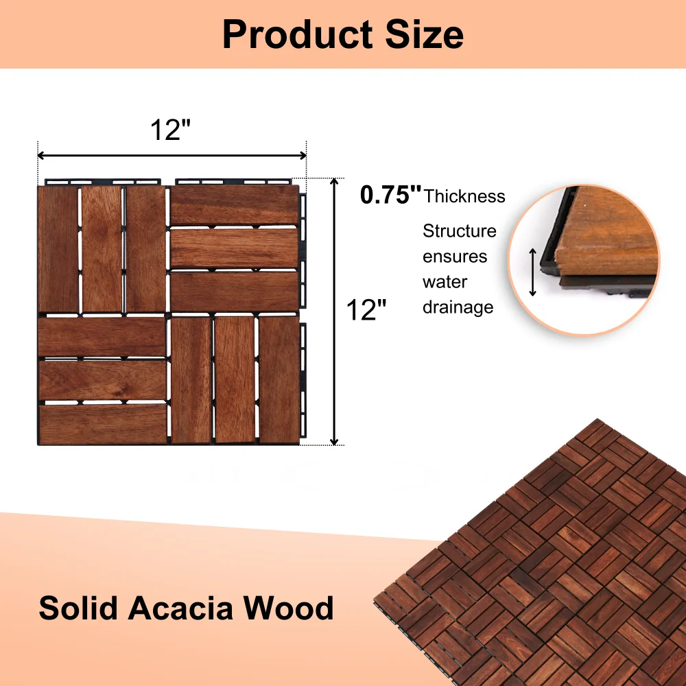 Acacia Wood Interlocking Deck Tiles Checker Pattern, 20 PCS 12