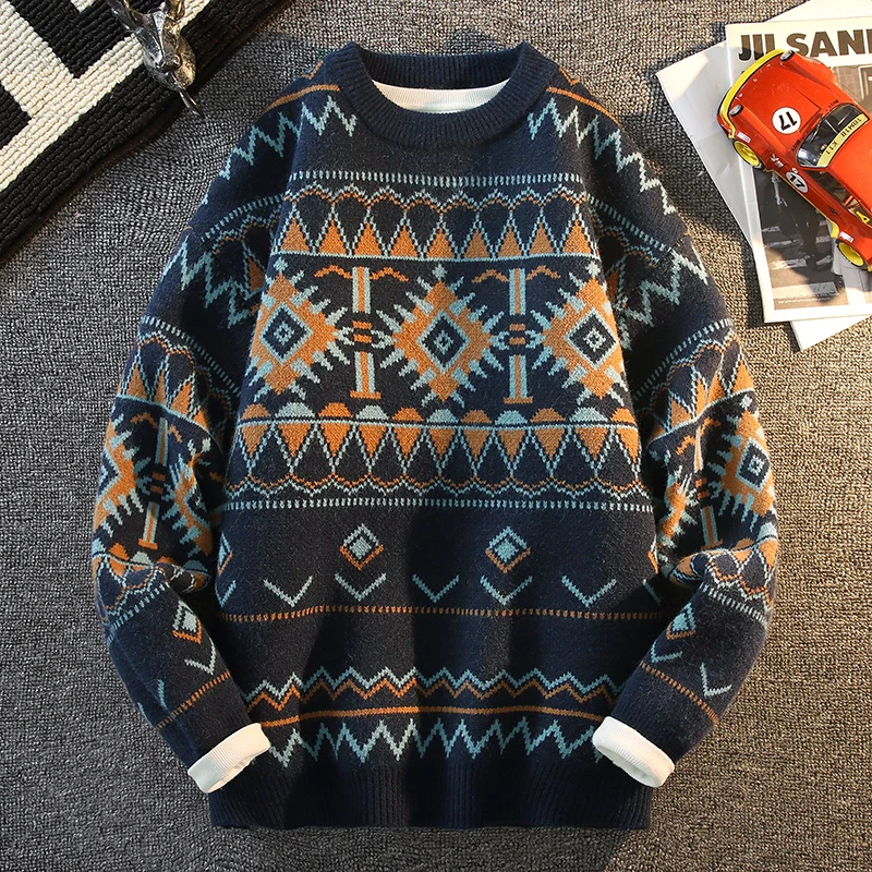 

Мужской теплый зимний свитер с круглым вырезом, винтажный стиль, длинный рукав, из полиэфирного волокна, с геометрическим узором, Ciwalk