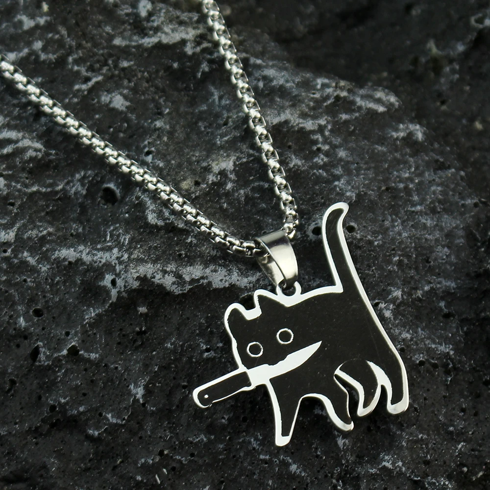 Hip Hop Killer Cat Necklace for Women Men Cute Punk Retro Doodle Black Cat Pendant Chain New Jewelry Gift