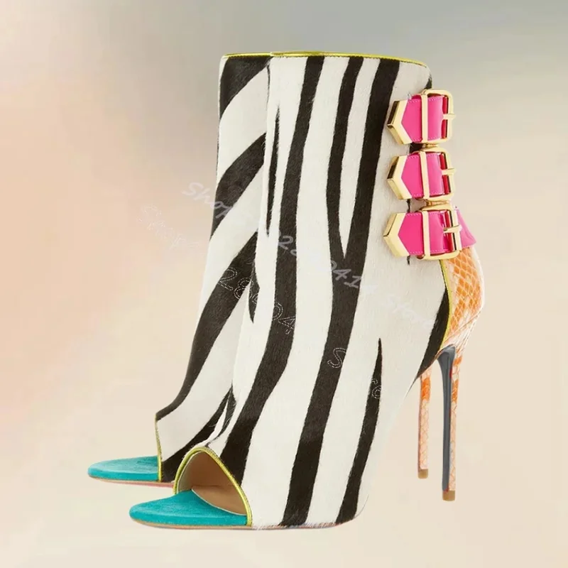 

Zebra Lychee Print Buckle Peep Toe Sandals Boots Side Zipper Women Shoes Thin High Heels Party Banquet 2025 Zapatos Para Mujere