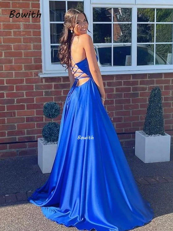 Sexy V Neck Satin Evening Dresses Lace up Side Slit Prom Dress High Waist Evening Gowns Party Dress Robe de soiree