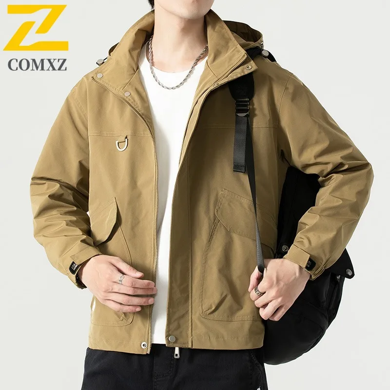COMXZ Men Outdoor Sport Jacket Lightweight Water-Resistant Windbreaker with Hood for Hiking Camping Fishing Multi-Pocket Design