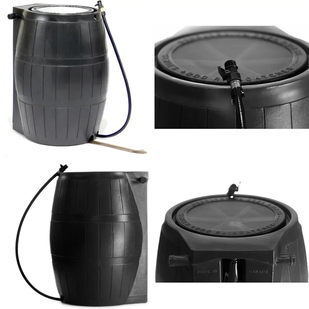 Barril de água da chuva com parte traseira plana de 50 galões, coletor de chuva ao ar livre, recipiente de armazenamento preto com torneira lateral
