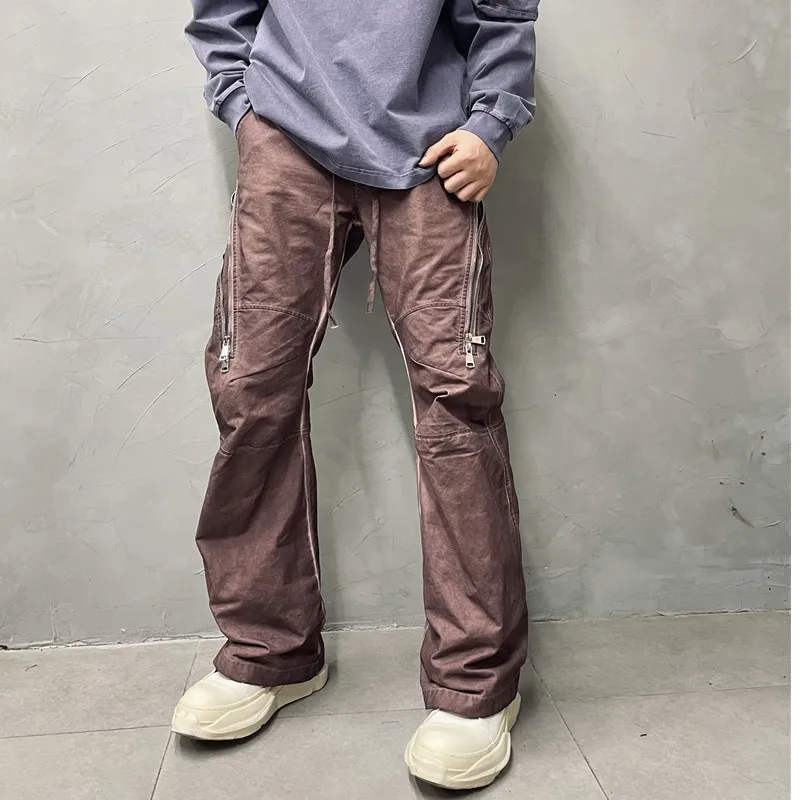  Wear Design Stitching Worn Looking Washed-out Multi-Zipper Overalls Personality Trend Wide Leg Pants Slightly Flared Casual