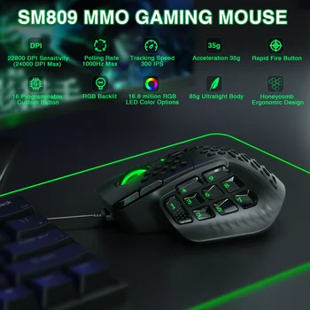 SOLAKAKA SM809 Kablolu Oyun Faresi 16 Yan Düğme 22800 DPI Programlanabilir Makro MMO Oyun Faresi PAW3311 Petek Desenli Ergonomik RGB 6 best sales Yan düğmeli oyun faresi - №3