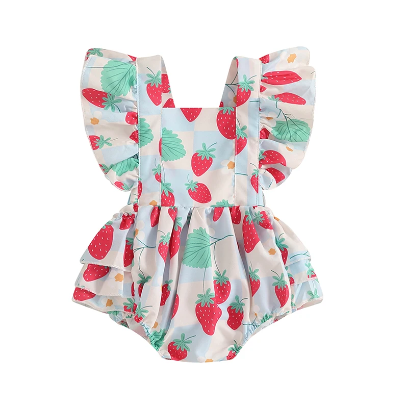 0-24M Newborn Baby Girls Rompers Strawberry/Floral Print Square Neck Fly Sleeve Summer Clothes Jumpsuits Bodysuits