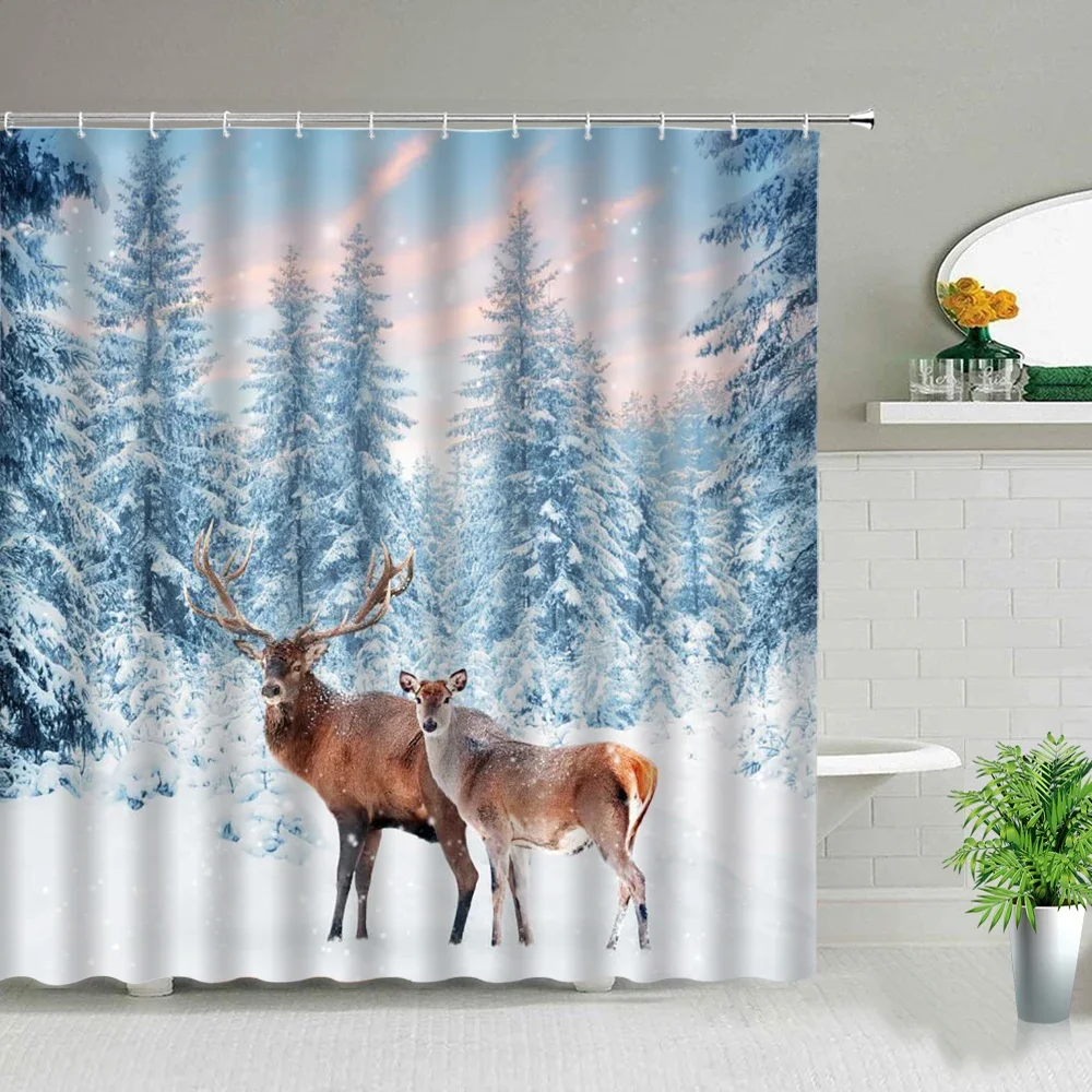 Winter Landscape Woods Deer Shower Curtains Elk Animal Print Bathroom Decor Bathtub Partition Bath Curtain Waterproof Fabric