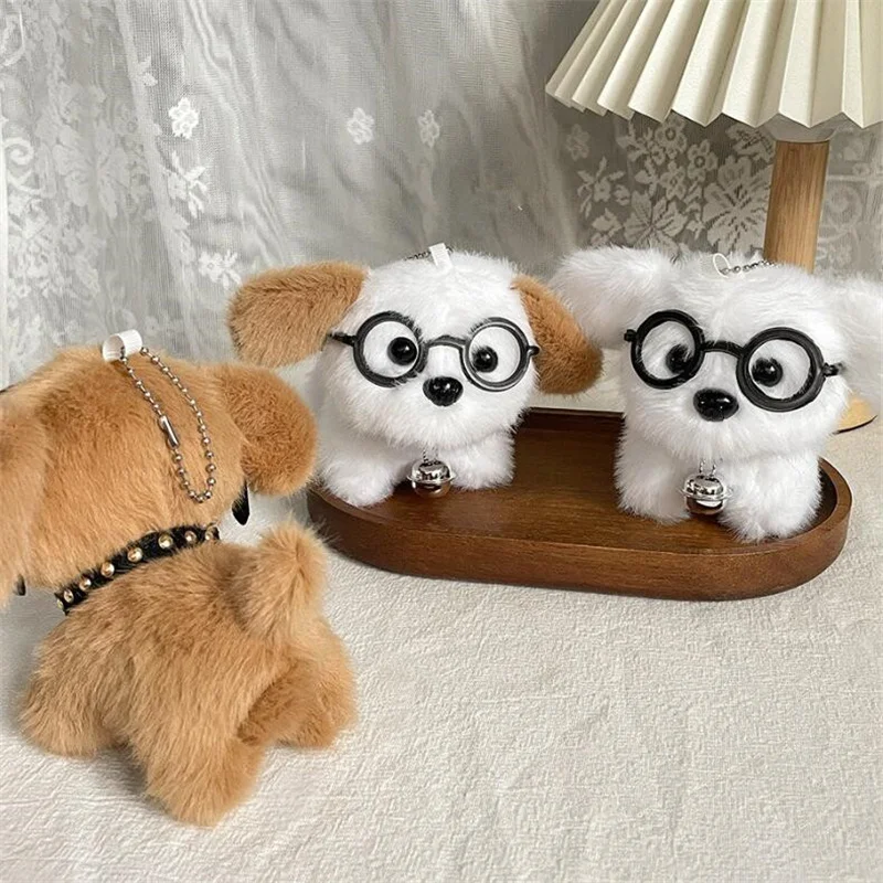 1PCS 9 ซม.น่ารักแว่นตาสุนัขตุ๊กตาพวงกุญแจจี้ Creative Bell ลูกสุนัขตุ๊กตาคู่กระเป๋าเป้สะพายหลังแขวนตกแต่ง