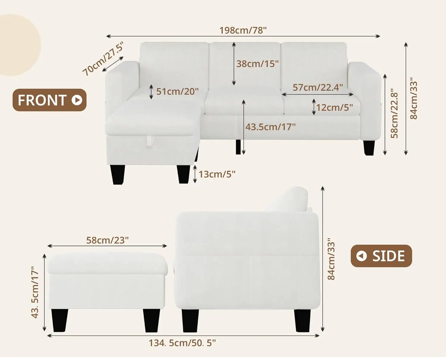 Sofa berbagian untuk ruang tamu Sofa bentuk L 78 "dengan penyimpanan Ottoman kecil 3 dudukan Sofa kain beludru, krem