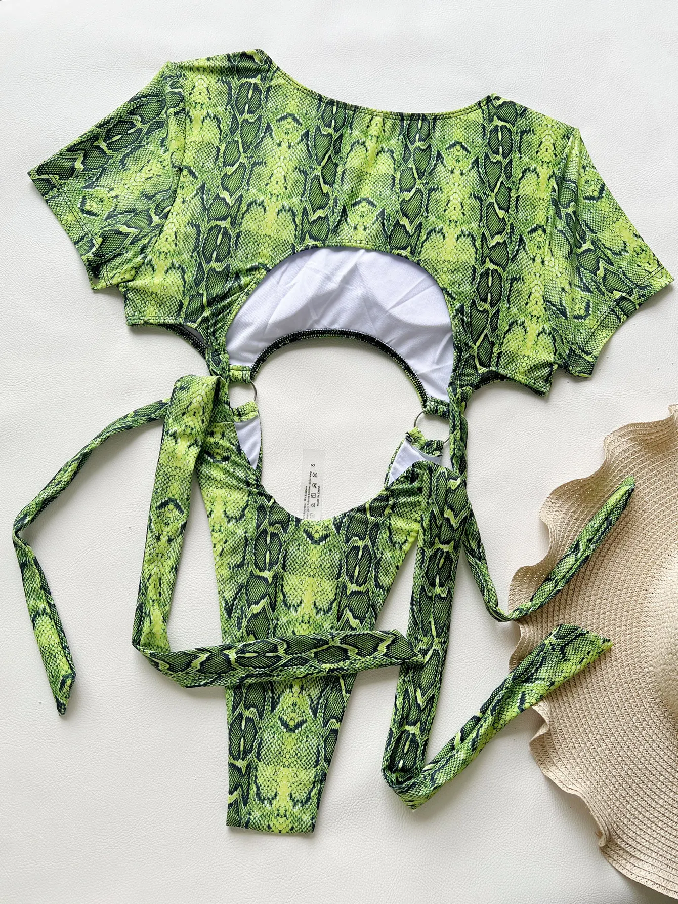 Trajes de baño sexis con estampado de serpiente verde, Bikini de una pieza con anillo, traje de baño de Tanga de cintura alta con lazo para mujer, trajes de baño 2024