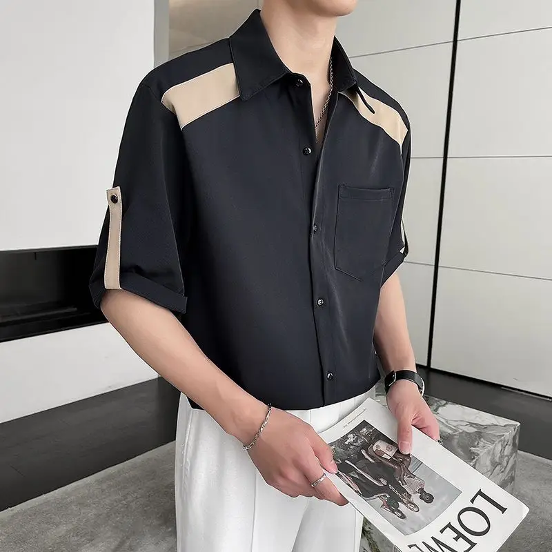 Summer New Turn-down Collar Fashion Half Sleeve Shirt Man High Street Casual Button Cardigan Y2K All-match Contrast Color Blouse