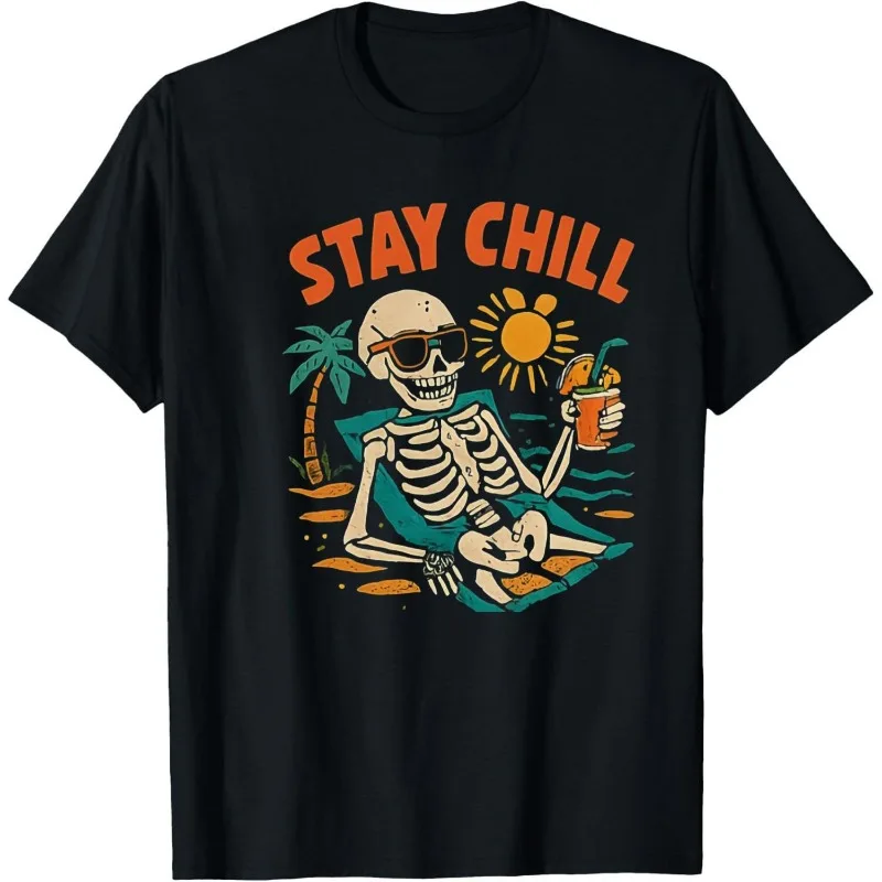 

2025 New Stay Chill Skeleton T-Shirt Funny Beach Graphic Tee Men’s Summer Casual Short Sleeve Vacation Outfit Gift for Him