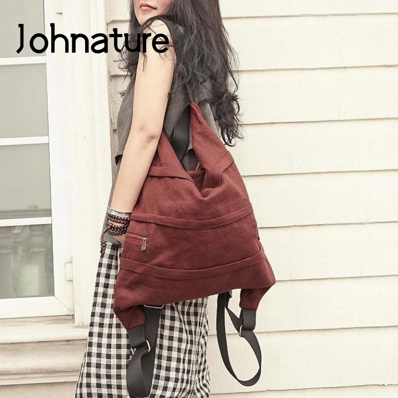 Johnature 2024 New Cotton Linen Women Backpack Leisure Solid Color Travel Bags Large Capacity High Quality Lady Vintage Bagpack