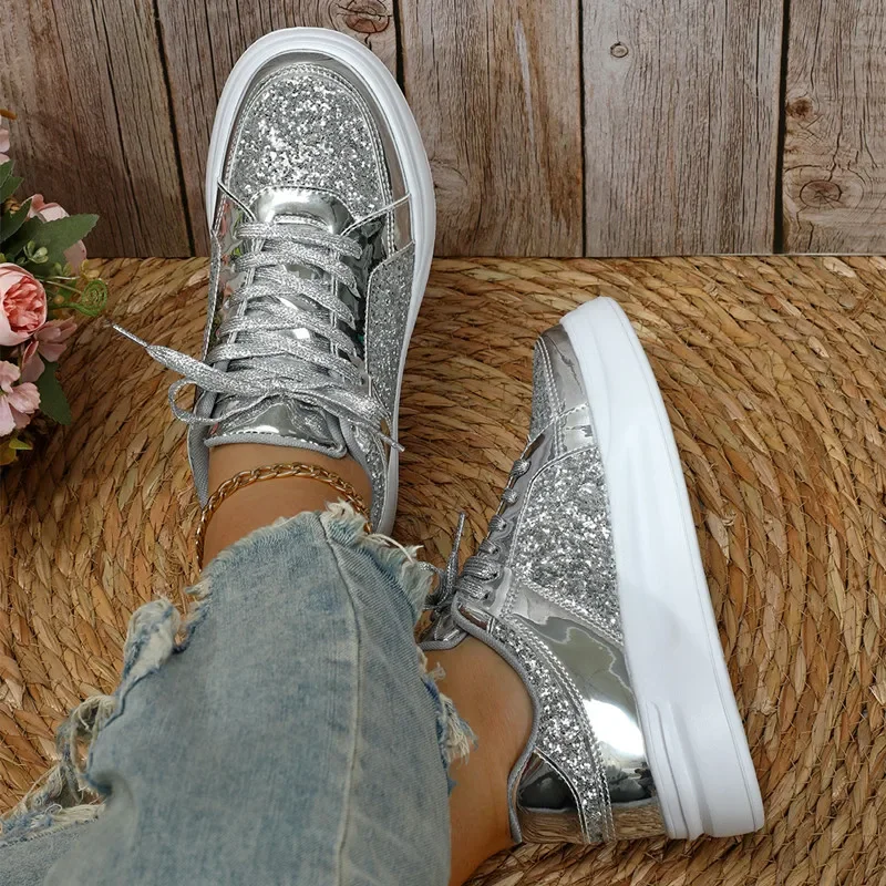 STRONGSHEN Women Sneakers Shining Glitter Casual Fashion Platform Trainers Couple Silver Walk Shoes Tenis Feminino Shoes Unisex