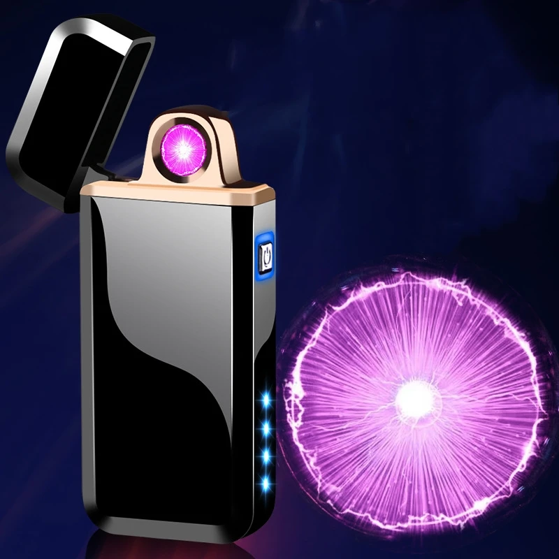 Outdoor Windproof Plasma USB Electric Lighter Pulse Flameless Circular Arc LED Display Lighter Personalized Men's Gift