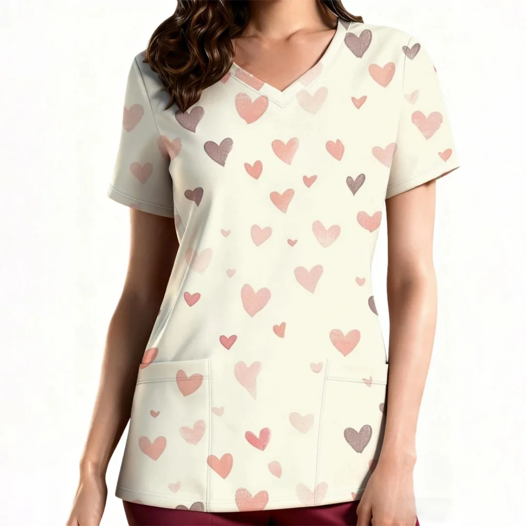 여성용 임상 유니폼 심플 러브 발렌타인 데이 테마 프린트 여성용 간호사 유니폼 루즈하고 편안한 캐주얼 일상 생활