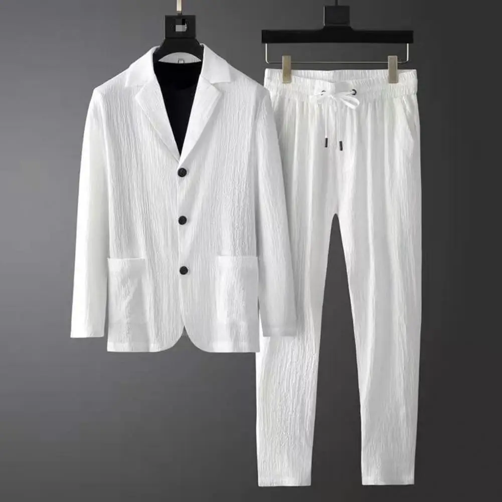 

Men Blazer Pants Wedding Two-piece Set Korean Fashion Turndown Collar Blazer Stripe Pleats Jacket Drawstring Pants Suit Men Sets