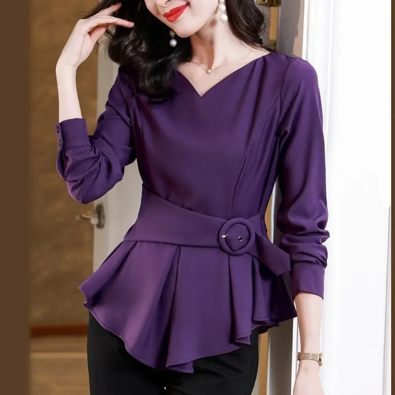 Fashion Drawstring Slim Waist Blouse Spring Autumn Commute Long Sleeve Women's Irregular Hem Elegant V-Neck Solid Color Shirt