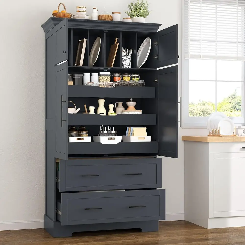 

Grey Pull-Out Tray Kitchen Pantry Cabinet with Drawers and Cake Pan Organizer, Freestanding Hutch