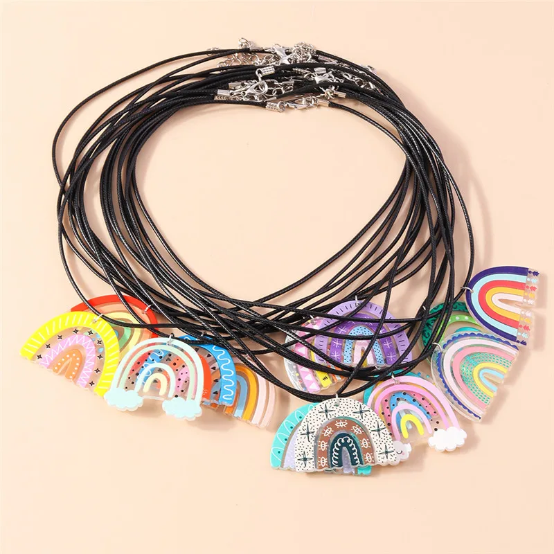 Aihua Colorful Rainbow Necklace for Women Leather Rope Chain Cloud Rainbow Pendant Necklace Cute Summer Beach Jewelry Gifts