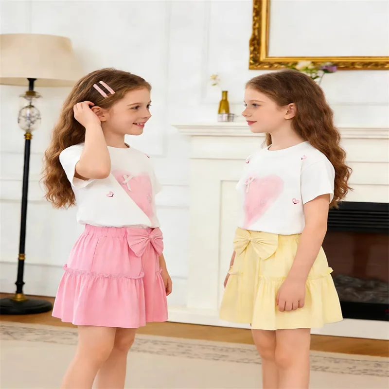 Girls Short-Sleeve Top + Shorts Set Kids Summer Suit 2026 New Arrival Older Baby Featuring Bow-Tie Skirt-Pants 2Pc Outfits 1