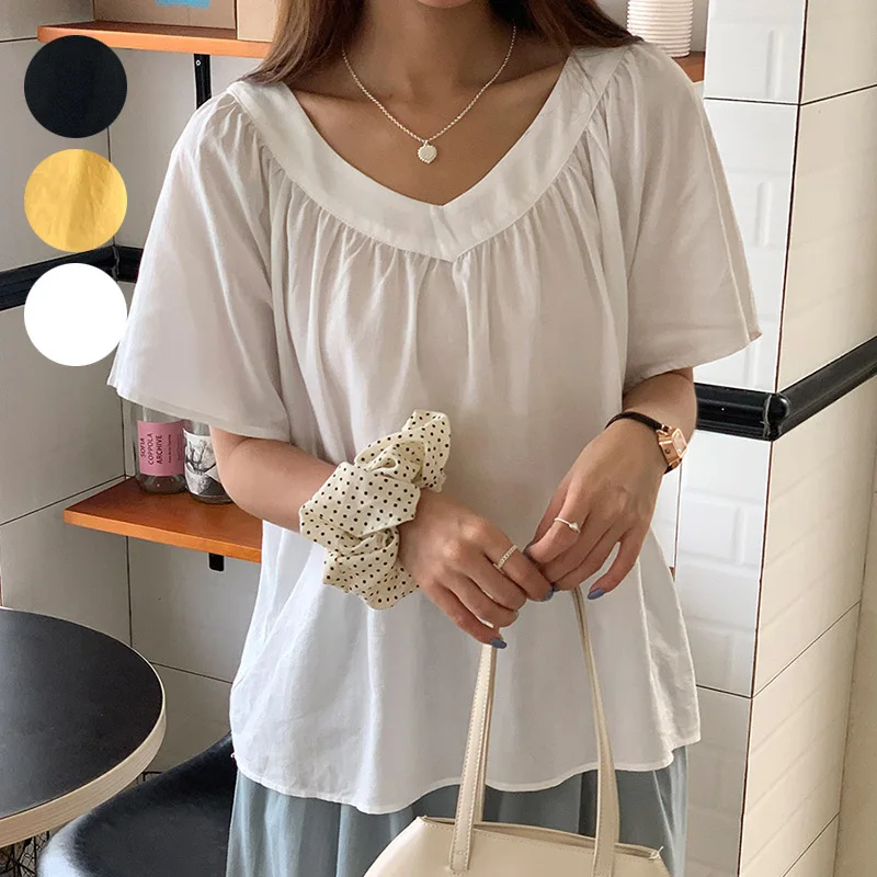 

Японская и корейская простая женская футболка с v-образным вырезом, летняя свободная удобная однотонная универсальная утягивающая кукла, короткая рубашка