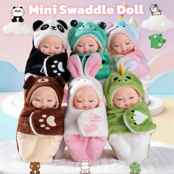 4 Inch Swaddle Baby Doll,6 Styles Panda Rabbit Bear Frog Dinosaur Unicorn Plush Finger…