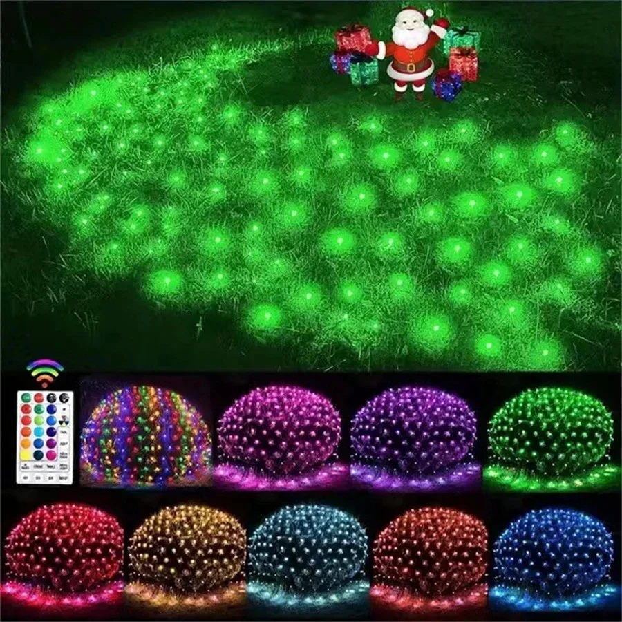 EU/US Plug Christmas Fairy Lights Outdoor Remote RGB 3X2M 224LED Fishing Mesh String Lights Home Party Garden Decorative Garland