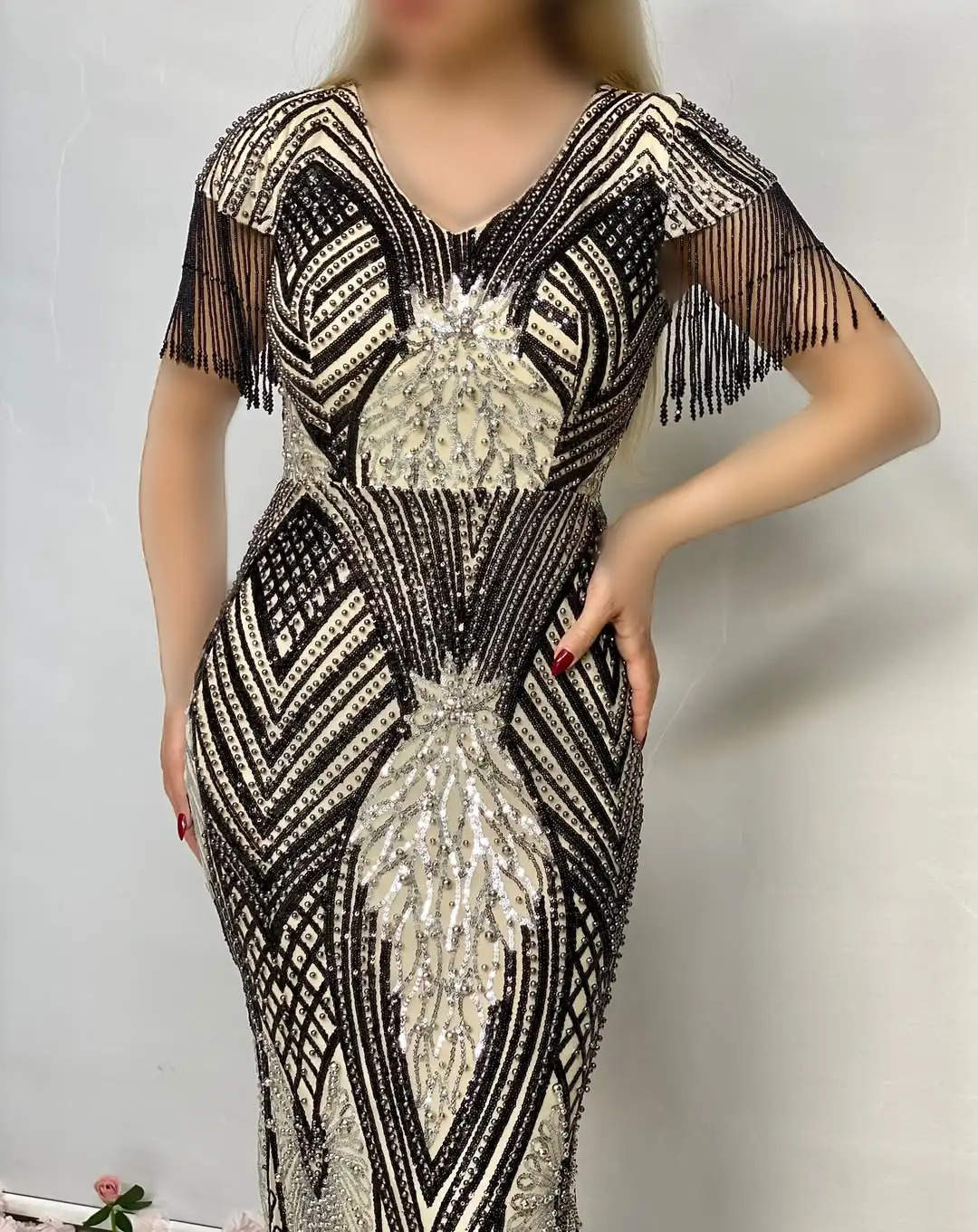 تصميم جديد أنيق الديكور الترتر حورية البحر مساء اللباس الكتف شرابة الطابق طول حفلة موسيقية فستان حفل زفاف #1