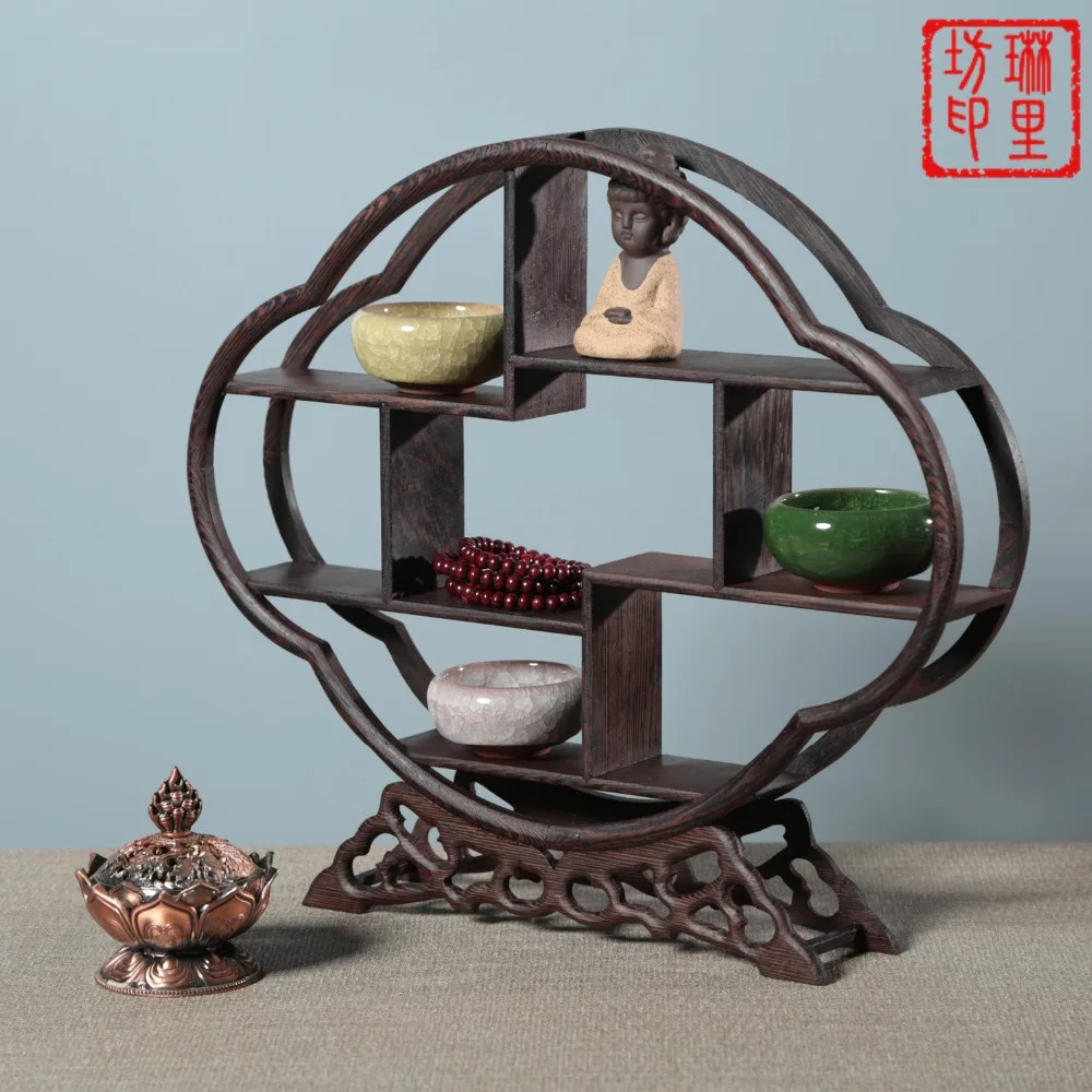 Delicate Solid Wooden Antique Display Frame Multi Patterns Shelf Chinese Style Storage Purple Clay Pot Tea Ornaments Home Decor