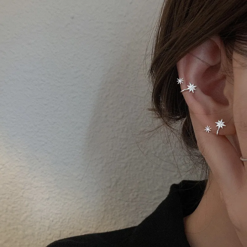 Fashion Rotating Star U-Shaped Earrings For Women Versatile Set With Zircon Six-Pointed Star Earrings Jewelry