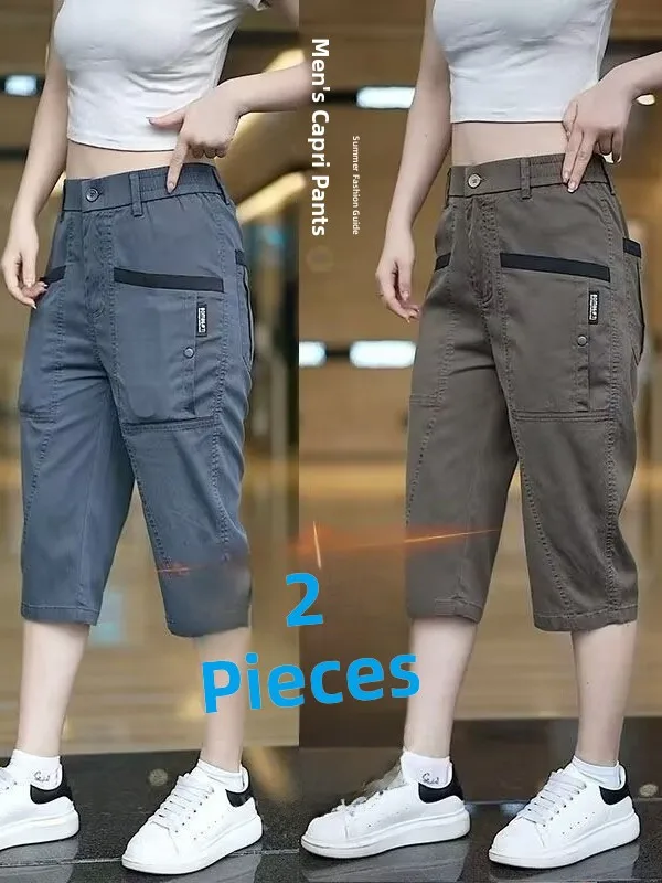 Calças de Trabalho Casuais em Seda Gelada com Quatro Bolsos para Homens, Confortáveis, Soltas, com Pernas Retas, Calças Curta...