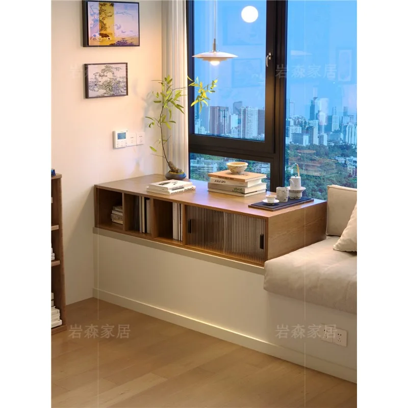bay window pure solid wood storage cabinet custom window glass sliding door dust-proof low cabinet dressing table desk integrate