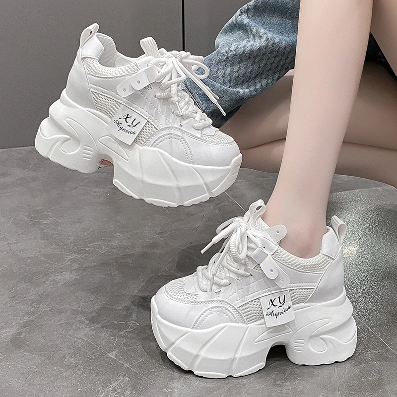 9.5CM New Platform Shoes for Women Mesh Breathable Chunky Sneakers High Platform White Tennis Shoes Increase Casual Sport Shoes