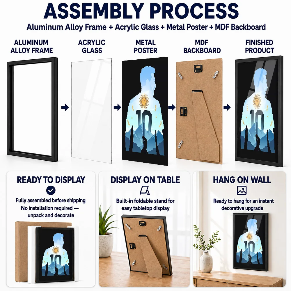 Lionel Messi Argentina Framed Aluminum Metal Poster Personalized Silhouette Design Wall Art For Living Room, Soccer Fan Gift