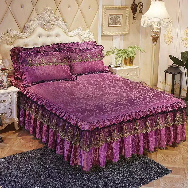 3pcs Set Good Quality Embossing Velvet Bed Skirt 1pc Romance Elegant Coral Fleece Bedspread Included 2pcs Pillowcase